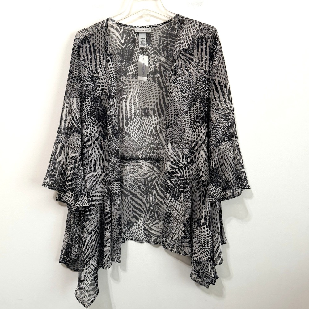 Catherines Kimono Cardigan Sheer 1X 18/20 Animal Print Gray Open Safari NEW‎